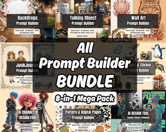 Ultimate AI Prompt Builder Bundle, 8-in-1 Professional Design Tool, Midjourney Prompts, Junk Journal, Stickers, Patter, Wall art Prompts