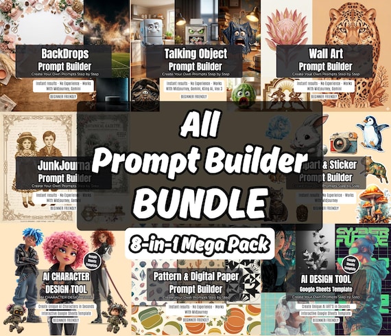 Ultimate AI Prompt Builder Bundle, 8-in-1 Professional Design Tool, Midjourney Prompts, Junk Journal, Stickers, Patter, Wall art Prompts