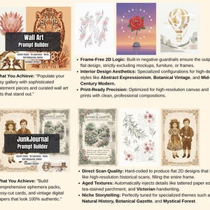 May include: Promotional image for digital art prompts. The image features a collage of art prints, including botanical illustrations, a leopard, and a hot air balloon. Text includes "Wall Art Prompt Builder" and "Junk Journal Prompt Builder."