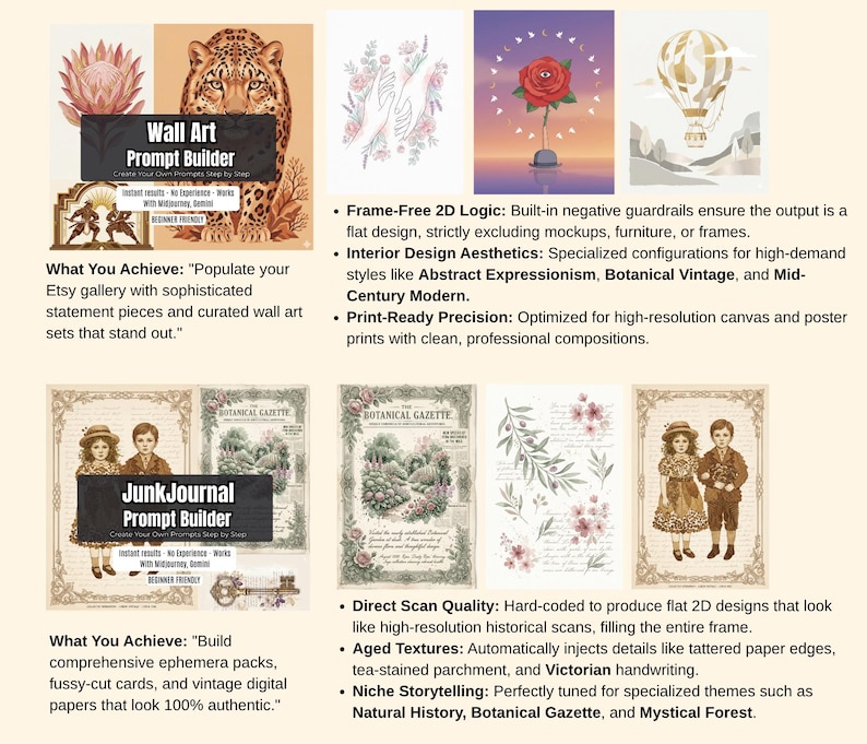 May include: Promotional image for digital art prompts. The image features a collage of art prints, including botanical illustrations, a leopard, and a hot air balloon. Text includes "Wall Art Prompt Builder" and "Junk Journal Prompt Builder."