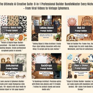 May include: An advertisement for an AI creative suite with eight professional builders. The image showcases various digital tools, including pattern and digital paper, talking object, wall art, junk journal, backdrops, and clipart and sticker builders. Text details each builder's features.