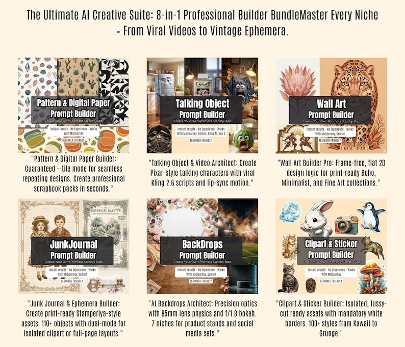 May include: An advertisement for an AI creative suite with eight professional builders. The image showcases various digital tools, including pattern and digital paper, talking object, wall art, junk journal, backdrops, and clipart and sticker builders. Text details each builder's features.