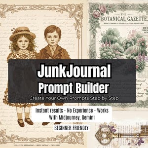 Könnte beinhalten: Ein digitales Kunstwerk im Vintage-Stil mit dem Text "JunkJournal Prompt Builder". Das Bild zeigt Illustrationen von Kindern, botanischen Elementen und einem dekorativen Schlüssel. Der Text enthält "Instant results - No Experience - Works With Midjourney, Gemini" und "BEGINNER FRIENDLY."