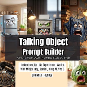 Op de afbeelding: Een samengestelde afbeelding met antropomorfe objecten: een koelkast, een printer, een paraplu, een spin en een watermeloen. Tekstoverlay leest "Talking Object Prompt Builder" en "Create Your Own Prompts Step by Step". Extra tekst: "Instant results - No Experience - Works With Midjourney, Gemini, Kling Ai, Veo 3".