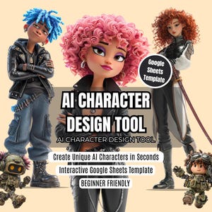 May include: An image promoting an AI character design tool. It features three stylized animated characters with vibrant hair and clothing. Text on the image reads "AI CHARACTER DESIGN TOOL" and "Create Unique AI Characters in Seconds". A Google Sheets template is also advertised.