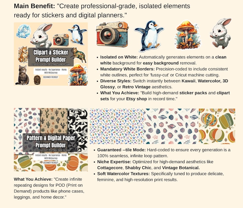 May include: An advertisement for a digital product, featuring illustrations of animals, cameras, and patterns. Text includes "Clipart & Sticker Prompt Builder" and "Pattern & Digital Paper Prompt Builder", highlighting features for creating digital designs.