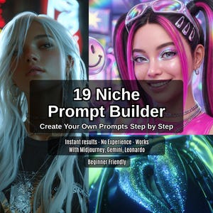 May include: Digital artwork showing two women with long hair. The image includes the text "19 Niche Prompt Builder" and "Create Your Own Prompts Step by Step". The text also states "Instant results - No Experience - Works With Midjourney, Gemini, Leonardo" and "Beginner Friendly".