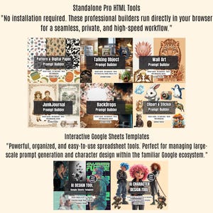 May include: An advertisement for digital tools, featuring various prompt builders for pattern design, wall art, and more. The image includes text describing the tools as standalone HTML and interactive Google Sheets templates.