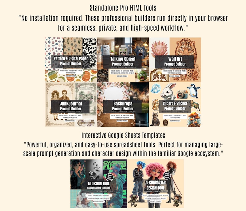 May include: An advertisement for digital tools, featuring various prompt builders for pattern design, wall art, and more. The image includes text describing the tools as standalone HTML and interactive Google Sheets templates.