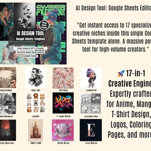 May include: An advertisement for an AI Design Tool Google Sheets template. The image features a collage of artwork examples, including anime, manga, and t-shirt designs. Text highlights the tool's features, such as 17 creative niches and ease of use.