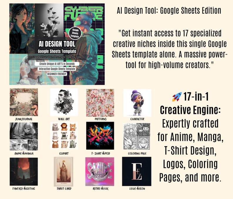 May include: An advertisement for an AI Design Tool Google Sheets template. The image features a collage of artwork examples, including anime, manga, and t-shirt designs. Text highlights the tool's features, such as 17 creative niches and ease of use.
