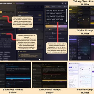 May include: A screenshot of a software interface, Wall Art Prompt Builder Pro, with multiple sections and text prompts. The interface is dark with highlighted text and buttons. Text includes "Stop struggling with words" and "Unlimited Versatility Across All Builders."