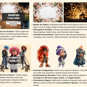 May include: An advertisement featuring a prompt builder for backdrops and an AI character design tool. The backdrop builder is for photographers and social media creators. The character tool creates assets for gaming, NFTs, and webtoons.