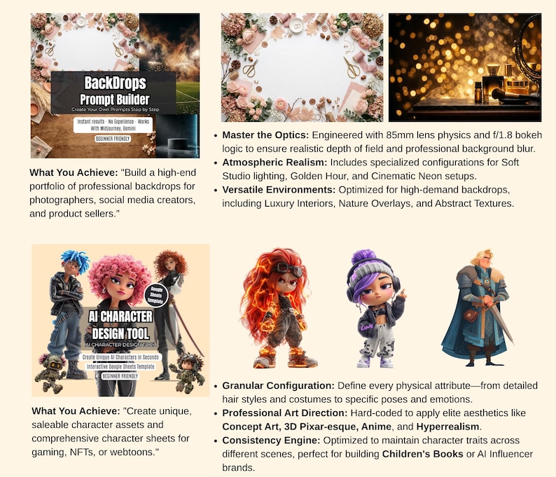May include: An advertisement featuring a prompt builder for backdrops and an AI character design tool. The backdrop builder is for photographers and social media creators. The character tool creates assets for gaming, NFTs, and webtoons.