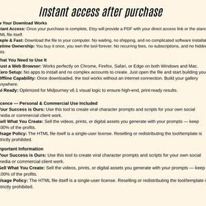 May include: A white document with black text detailing instant access after purchase, download instructions, and usage policies. The text includes information on how to use the product, including a web browser and offline capability.