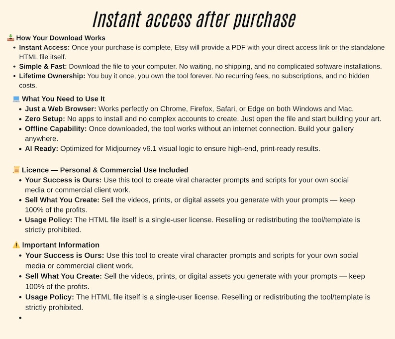 May include: A white document with black text detailing instant access after purchase, download instructions, and usage policies. The text includes information on how to use the product, including a web browser and offline capability.