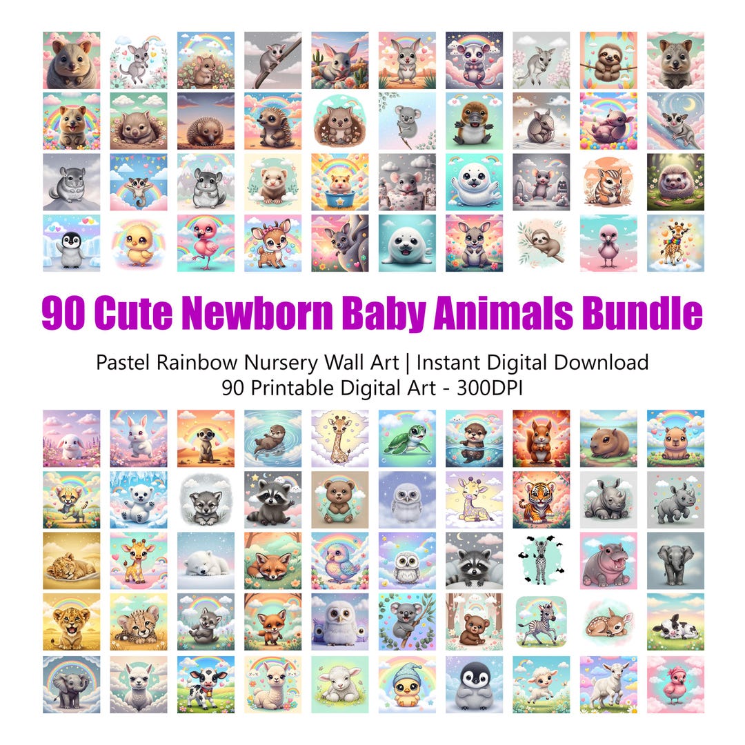 Pastel Rainbow Baby Animals Nursery Prints | 90 Piece Bundle (digital ...