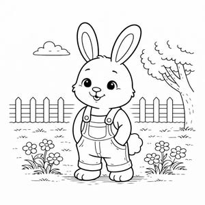 Puede incluir: Ilustración en blanco y negro de un conejo de dibujos animados con un peto, de pie en una zona de césped con una valla, flores, un árbol y una nube en el fondo. El conejo está sonriendo.
