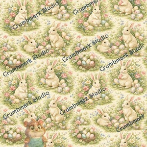 Pode incluir: Um padrão repetitivo com coelhos creme, ovos de Páscoa e arranjos florais. Os coelhos seguram ovos e são cercados por flores em tons pastel e cestas de ovos. O texto "Crumbmark Studio" é repetido em todo o design.