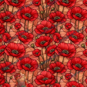May include: A repeating floral pattern of red poppies with dark centres and green buds, set against a warm, stained-glass style background in orange and peach tones. The design evokes a sense of nature and artistry.