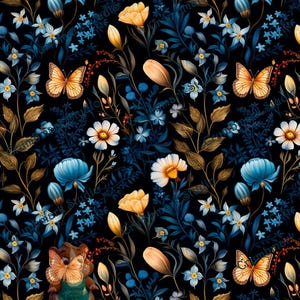May include: A seamless pattern featuring a dark background with a repeating floral design. The pattern includes blue, white, and yellow flowers, along with orange butterflies and green leaves. The overall aesthetic is reminiscent of a vintage botanical illustration.
