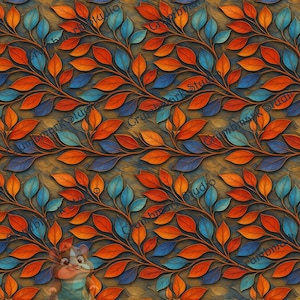 May include: A repeating pattern of stylized leaves in shades of orange, red, and blue against a textured brown background. The leaves are arranged in a symmetrical, flowing design, creating a vibrant and decorative visual.