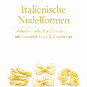 May include: An illustration of different Italian pasta shapes, including farfalle, orecchiette, and twisted pasta. The image has text in German that reads "Italian Pasta Shapes". The pasta is a light yellow colour, set against a white background.