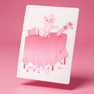 Cute Cat Postcard Pink Illustration, Spring Cat Art Print, Floral Cat Card, Aesthetic Kawaii Postcard, Gift for Cat Lovers, Soft Pastel Art