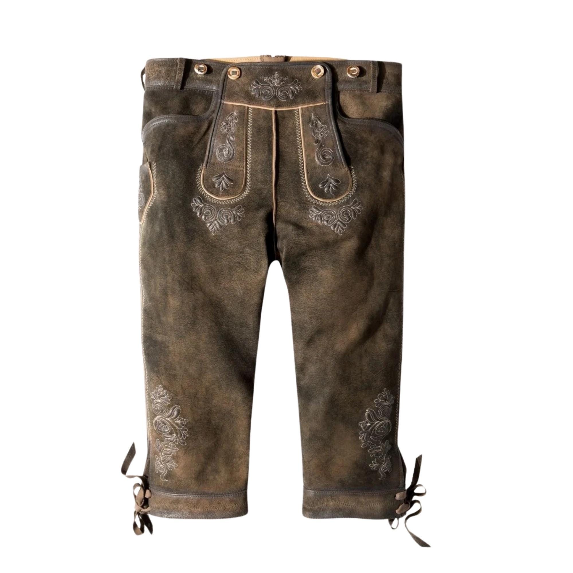 Antique Olive Suede Bundhosen - Men's Knee-Length Lederhosen with Ornate Silver Embroidery & Suspenders