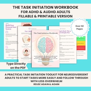 Könnte beinhalten: Ein digitales Arbeitsbuch mit dem Titel The Task Initiation Workbook for ADHD & AuDHD Adults, das über 50 ausfüllbare und druckbare Seiten enthält. Das Cover zeigt eine Glühbirne mit einem blau-rosa Gehirn, um Erwachsenen bei Aufgaben zu helfen.