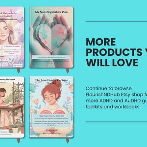 May include: Four digital guidebooks titled Regulation & Overwhelm Support Guide, My Non-Negotiables Plan, Capacity-Aware Planning Workbook, and The Low-Energy Decision Toolkit, featuring pastel illustrations of people and hearts on a teal background.