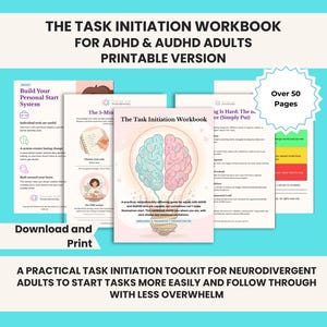 Könnte beinhalten: Ein druckbares Arbeitsbuch mit dem Titel The Task Initiation Workbook for ADHD & AuDHD Adults, das über 50 Seiten umfasst. Das Cover zeigt eine Glühbirnenillustration mit einem geteilten blauen und rosa Gehirn sowie mehrere Innenseiten.