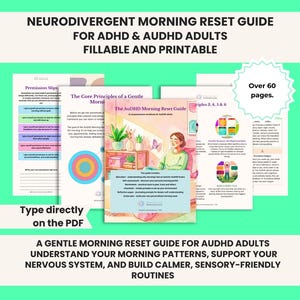Puede incluir: Una guía digital titulada Neurodivergent Morning Reset Guide for ADHD & AuDHD Adults, que contiene más de 60 páginas rellenables e imprimibles. El documento incluye secciones sobre principios básicos y rutinas matutinas ilustradas.