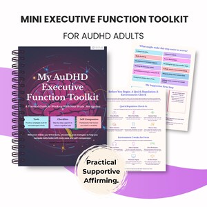 Può includere: Un kit di strumenti per la funzione esecutiva per adulti AuDHD con rilegatura a spirale, copertina scura con illustrazione di un cervello e il testo My AuDHD Executive Function Toolkit. Include pagine stampate con liste e suggerimenti.
