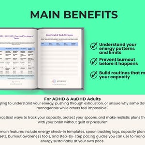 May include: An open planner with pages titled 100% / 50% / 10% / Survival Versions of Tasks and Your Scaled Task Versions. Text lists benefits including understanding energy patterns, preventing burnout, and building routines for ADHD and AuDHD adults.