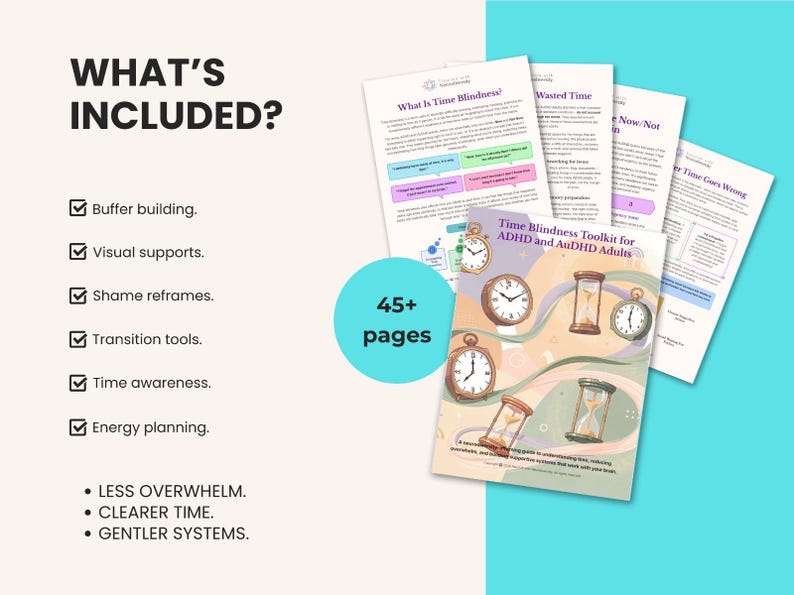 May include: A Time Blindness Toolkit for ADHD and AuDHD Adults document set featuring 45+ pages. The cover displays various clocks and hourglasses. The text includes WHAT'S INCLUDED, Buffer building, Visual supports, Shame reframes, Transition tools, Time awareness, Energy planning, LESS OVERWHELM, CLEARER TIME, and GENTLER SYSTEMS.