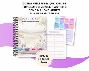 Op de afbeelding: Een spiraalgebonden Overwhelm Reset gids voor neurodivergente, autistische, ADHD en AuDHD volwassenen. De omslag bevat bloemillustraties en tekstvakken met de labels Get thoughts out of your head, Identify what is making this hard, Reduce the demand en Find one gentle next. Inclusief invulbare PDF-werkbladen.