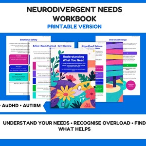 May include: A Neurodivergent Needs Workbook printable version featuring a central cover titled Understanding What You Need for ADHD, AuDHD, and Autistic adults. The design includes colourful floral illustrations and several internal pages with text headers like Emotional Safety, Before I Reach Overload, and One Small Change.