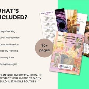 May include: A digital guide titled Energy Accounting & Spoon Management for AuDHD Adults, featuring 70+ pages of content. The document includes sections on energy tracking, spoon management, burnout prevention, capacity planning, recovery tools, and pacing strategies to help plan energy realistically and build sustainable routines.