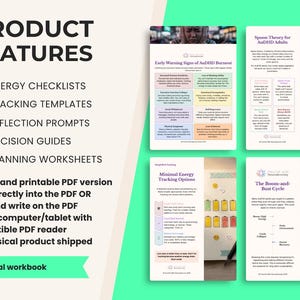 May include: A digital workbook featuring four pages of printable PDF templates for AuDHD adults. The pages include sections titled Early Warning Signs of AuDHD Burnout, Spoon Theory for AuDHD Adults, Minimal Energy Tracking Options, and The Boom-and-Bust Cycle.
