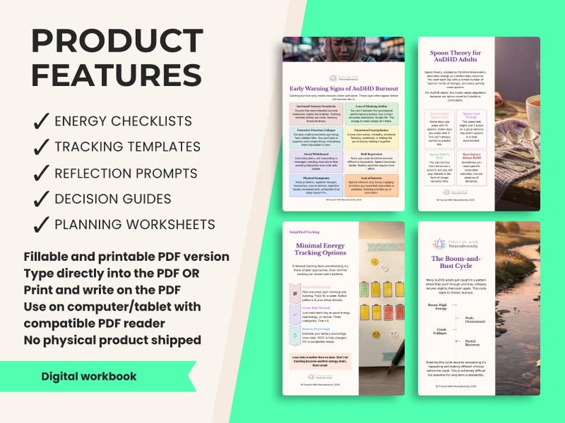 May include: A digital workbook featuring four pages of printable PDF templates for AuDHD adults. The pages include sections titled Early Warning Signs of AuDHD Burnout, Spoon Theory for AuDHD Adults, Minimal Energy Tracking Options, and The Boom-and-Bust Cycle.