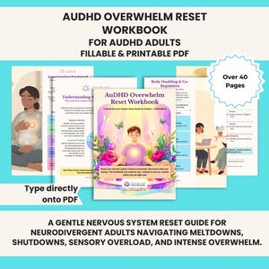 Puede incluir: Un libro de ejercicios AuDHD Overwhelm Reset en formato PDF rellenable e imprimible para adultos. La portada muestra a una persona meditando entre flores y mariposas. El libro incluye más de 40 páginas con secciones sobre sobrecarga sensorial, body doubling y co-regulación.