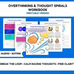 Può includere: Un quaderno di esercizi stampabile intitolato Overthinking & Thought Spirals Workbook contenente pagine con testo, diagrammi e illustrazioni di nuvole e spirali. Le pagine includono sezioni come Thought Spiral Interrupt Menu e Circle of Control.