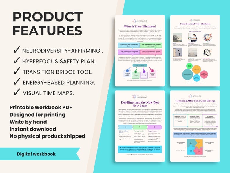 May include: A digital workbook PDF featuring four pages of neurodiversity-affirming content. The pages include text, diagrams, and charts about time blindness, transitions, deadlines, and repair strategies, designed for printing and handwritten use.