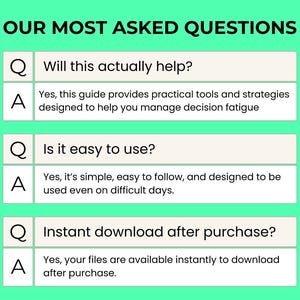 May include: A digital informational graphic titled OUR MOST ASKED QUESTIONS on a bright green background. It features three question and answer pairs regarding decision fatigue, ease of use, and instant download availability after purchase.