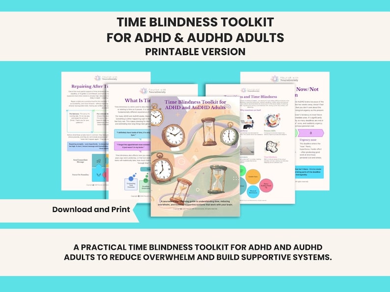 May include: A printable Time Blindness Toolkit for ADHD and AuDHD adults featuring multiple pages of informational text, diagrams, and illustrations of various clocks and hourglasses. The document includes headers like Repairing After Time Blindness.