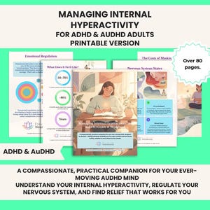 Puede incluir: Una guía y libro de ejercicios imprimible titulado Managing Internal Hyperactivity for ADHD & AuDHD Adults, con más de 80 páginas. Las páginas incluyen ilustraciones y texto sobre regulación emocional y estados del sistema nervioso.