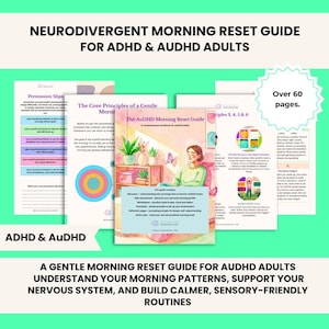 Guide, arbetsbok och guide för morgonåterställning, för vuxna med autism och ADHD, neurodivergent stöd.