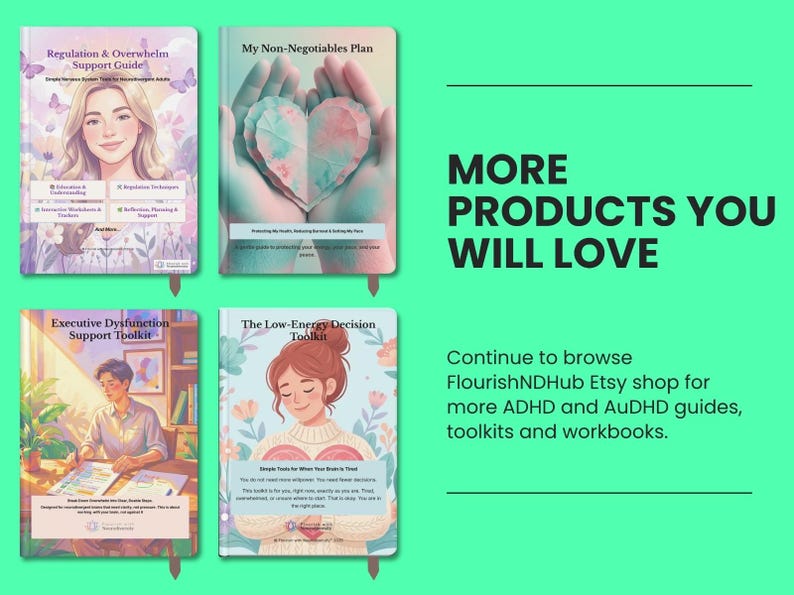 May include: Four digital guide covers titled Regulation & Overwhelm Support Guide, My Non-Negotiables Plan, Executive Dysfunction Support Toolkit, and The Low-Energy Decision Toolkit, featuring illustrated characters and hearts on a green background.