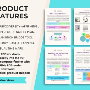 Op de afbeelding: Een digitaal invulbaar PDF-werkboek getiteld Product Features, met neurodiversiteit-bevestigende inhoud. Het bevat secties over tijdsblindheid, overgangen, deadlines en herstelstrategie&euml;n, gepresenteerd op vier verschillende pagina's.